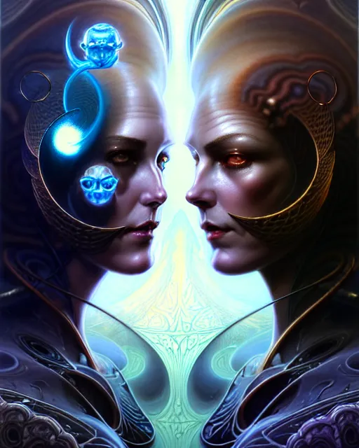 Image similar to a portrait of gemini light and dark fantasy character portrait made of fractals facing each other, ultra realistic, wide angle, intricate details, the fifth element artifacts, highly detailed by peter mohrbacher, hajime sorayama, wayne barlowe, boris vallejo, aaron horkey, gaston bussiere, craig mullins