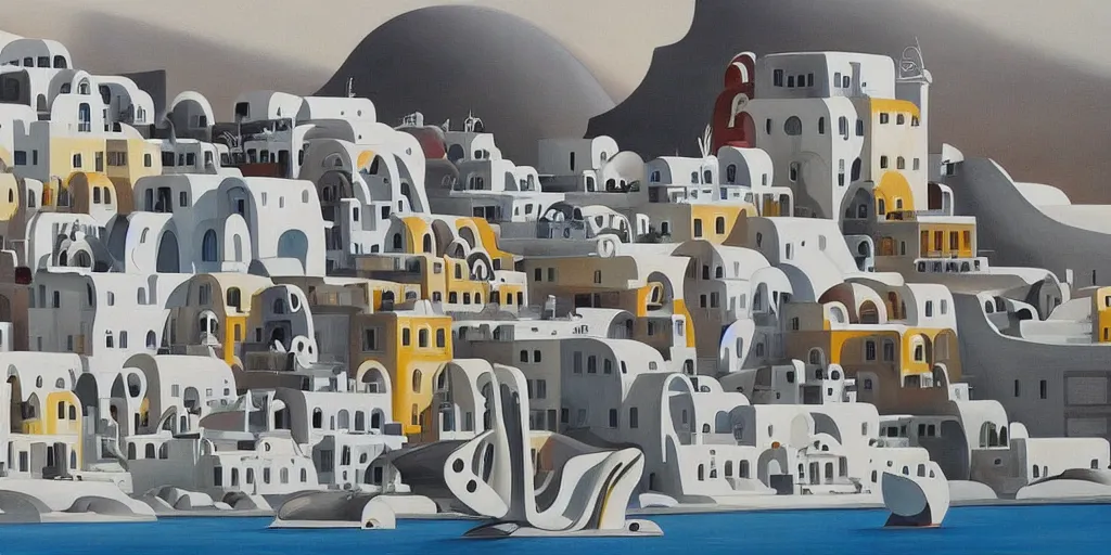 Image similar to a painting of abstract buildings like santorini by zaha hadid and yves tanguy and aaron horkey