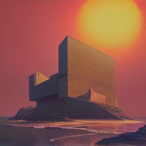 Image similar to painting of of brutalist fascist cyberpunk Japanese castle on the Oregon Coast cliffs at sunset by Zaha Hadid, Beksinski, Moebius, and Rutkowski