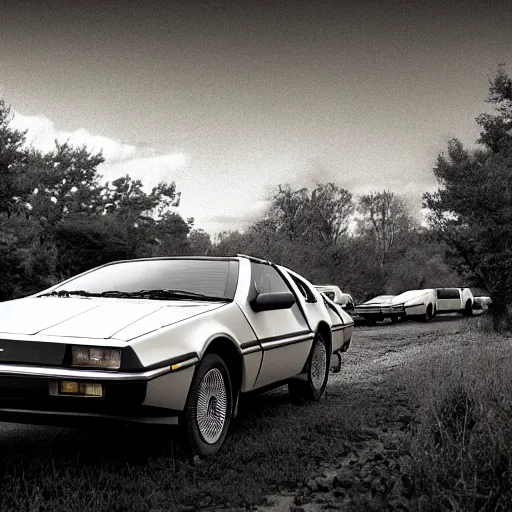 Image similar to a monochromatic sepia photograph of a delorean traveling in a group of covered wagons, trending on art station,