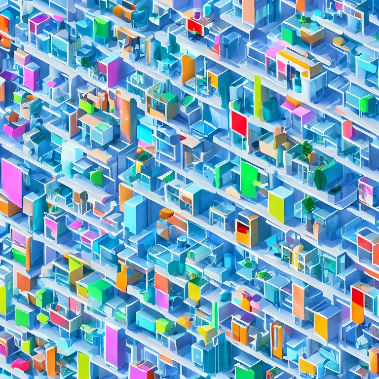 Image similar to body cells are like an apartment building, in each cell there is everyday life, parties, movement, artistic, beautiful and cute, low poly, high quality, detailed, 8 k resolution