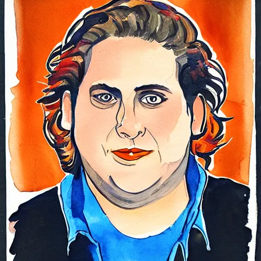 Prompt: jonah hill, stylized. Watercolor and ink. 1970s.