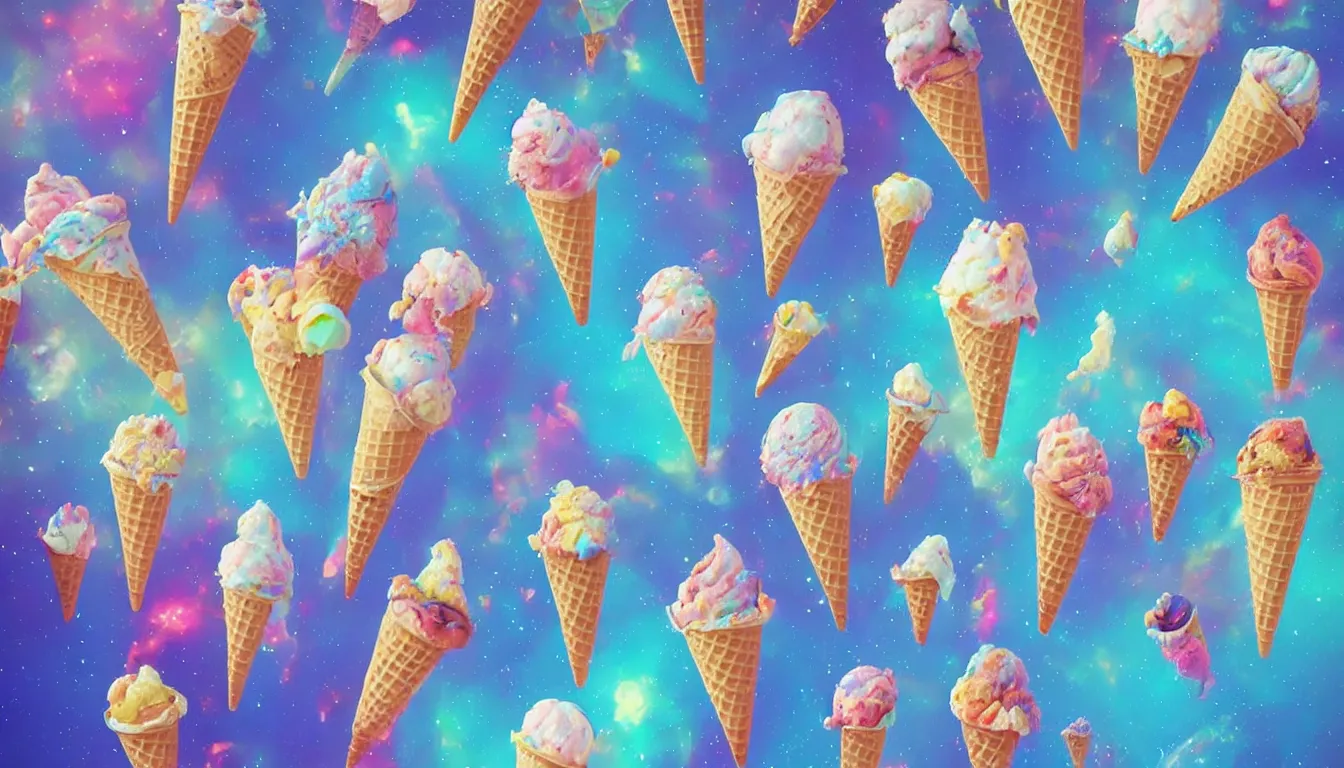 Prompt: ice cream cones!!!!!!!!!!!!!!!!!!!!!!!!!!! in a beautiful cosmic dreamscape, digital art, concept art, detailed, lovely colors, art station 3 d, 4 k beautiful