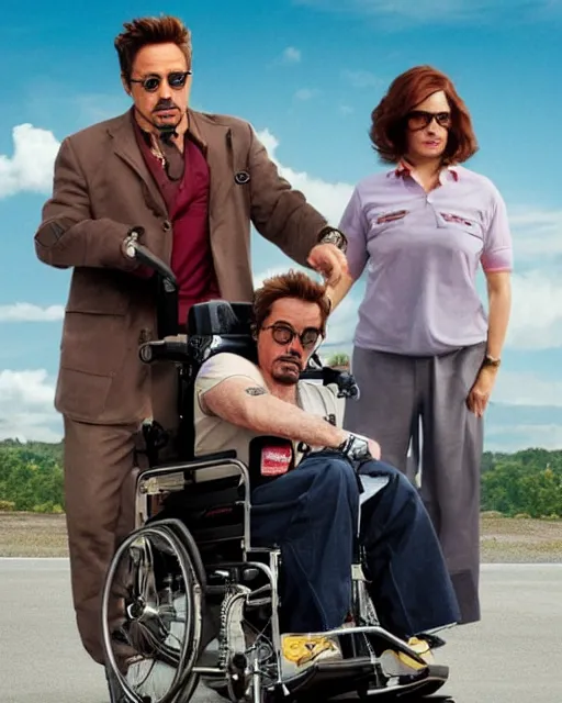 Image similar to robert downey jr. starring in weekend at bernie's. movie poster. comedic. cinematic lighting. robert downey jr. in a wheelchair.