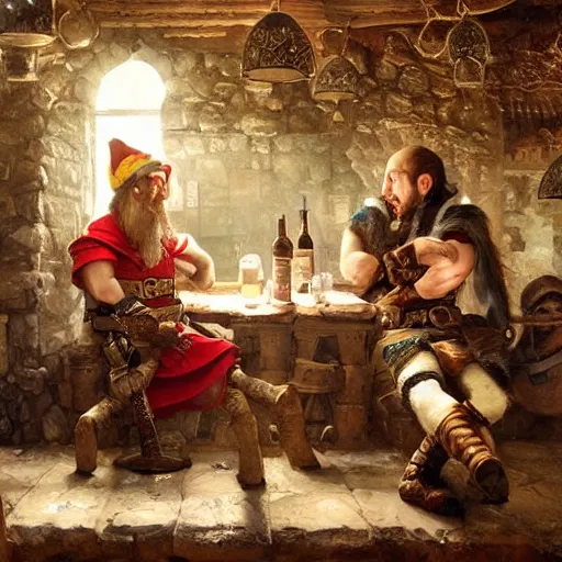 Image similar to An elf ranger and a dwarf berserker having drinks together in a tavern, baroque, oil on canvas, by Greg Rutkowski