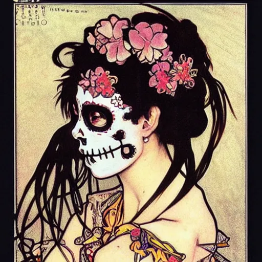 Prompt: cute punk Día de los Muertos girl by Alphonse Mucha Egon Schiele Ayami Kojima Amano Charlie Bowater, photography by Mario Testino, masterpiece