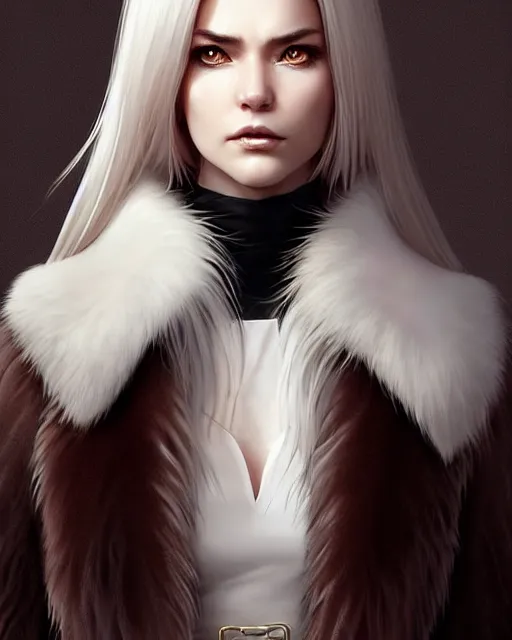 Prompt: dragon hunter wearing a fur - lined dragonhide jacket!!! beautiful and gorgeous elegant white long haired female!! symmetry, character concept art, sharp focus, illustration, art by artgerm! greg rutkowski magali villeneuve wlop! ilya kuvshinov!! charlie bowater! octane render, unreal engine 5! highly rendered!!