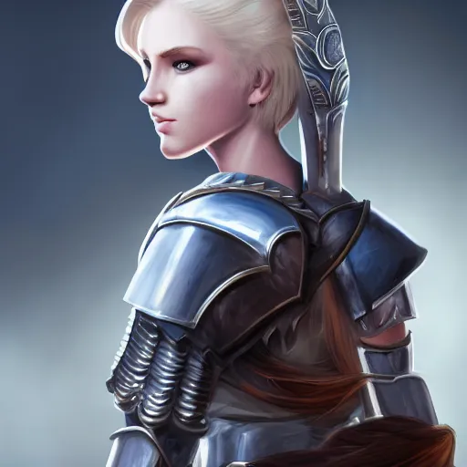 Image similar to fantasy RPG symmetrical portrait, centered shoulders up view, young blonde woman, blonde hair, blue eyes, level 1 plate armour, pale skin, 4k,in Gloomhaven style, highly detailed, soft lighting 8k resolution