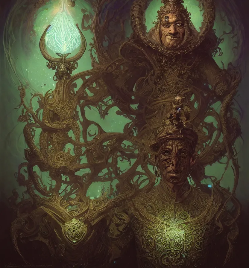 Image similar to front shot of a court jester character, hyperdimensional, bioluminescent hypercubes, dark holography!!!, (((intricate))), elegant, highly detailed, centered, (((artstation, concept art, smooth, sharp focus, artgerm, Tomasz Alen Kopera, Peter Mohrbacher, donato giancola, Joseph Christian Leyendecker, WLOP, Boris Vallejo))), mugshot!!!!!, ugly!!!!!!, octane render, nvidia raytracing demo, octane render, nvidia raytracing demo, octane render, nvidia raytracing demo, grainy, muted, 8K, digitalblasphemy, metatron