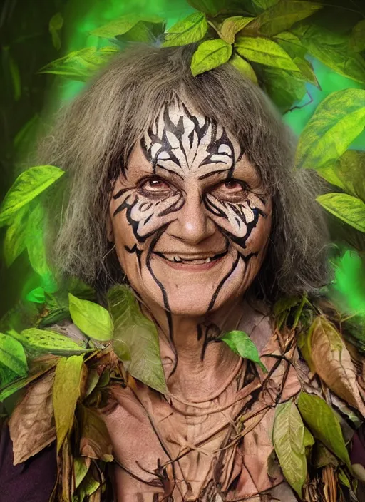 Image similar to a beautiful portrait of a smiling old woman in the jungle surrounded by leaves, tribal face paintings, matte painting, fantasy art