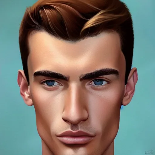 Image similar to man in his twenties with brown blond short quiff hair and thin slightly round facial structure with cleft chin, straight eyebrows and prominent nose, good definition of cheekbones, big hazel nut brown eyes, narrow face, slim body, atmospheric lighting, painted, intricate, 4k, highly detailed by Charlie Bowater