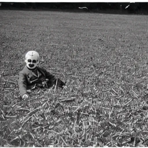 Prompt: a clown sitting on a grass field with children around him, taken on a ww 1 camera.