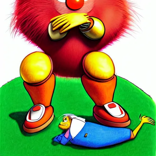 Image similar to professional illustration of doctor robotnik standing over the lorax, the lorax is laying down and making a longing face, blushing, digital drawing, black outlines, dark lighting, a moonlight glow is coming from a window, doctor eggman is making a confused face