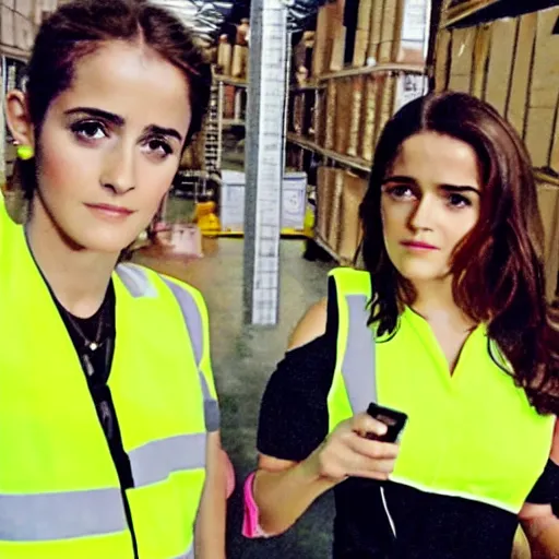 Prompt: photo, close up, salma hayek emma watson in a hi vis vest, in warehouse, android cameraphone, snapchat story screenshot, 2 6 mm,