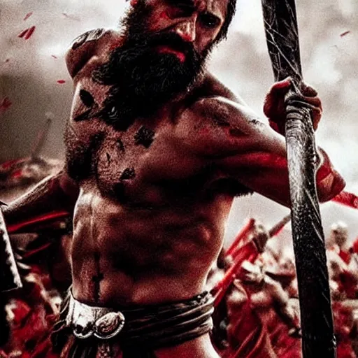 Prompt: “Leónidas king from 300 Spartans zack Snyder attacks in battle with spear epic dark background artwork intricate low angle wearing torn spartan helmet with red crest broom”