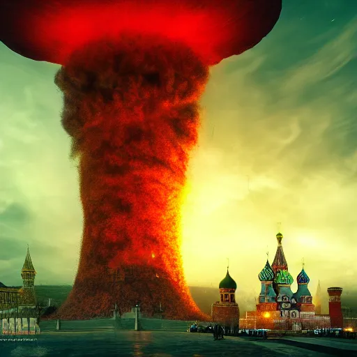 Prompt: a big nuclear explosion with realistic nuclear mushroom in Red Square Kremlin, dramatic lighting, cinematic, extremely high detail, photo realistic, cinematic lighting, post processed, concept art, artstation, matte painting, unreal engine 8k