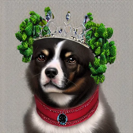 Prompt: dog wearing a tiara wreath, fantasy art, trending on artstation