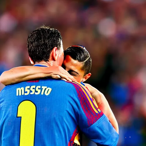 Prompt: christiano ronaldo crying while kissing leo messi's head. high definition. photography. high resolution