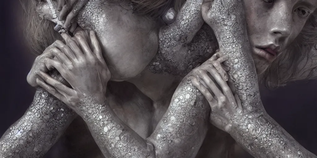 Image similar to hyperrealistic photography of a highly intricate, stunning cyborg female, elbow, armpit, knee, intimate, hands holding in the style of beth cavener, jin kagetsu, chuck close, and wlop, highly detailed, face, eyes closed, symmetry, masterpiece, award - winning, sharp focus, concept art, ambient lighting, 8 k, artstation