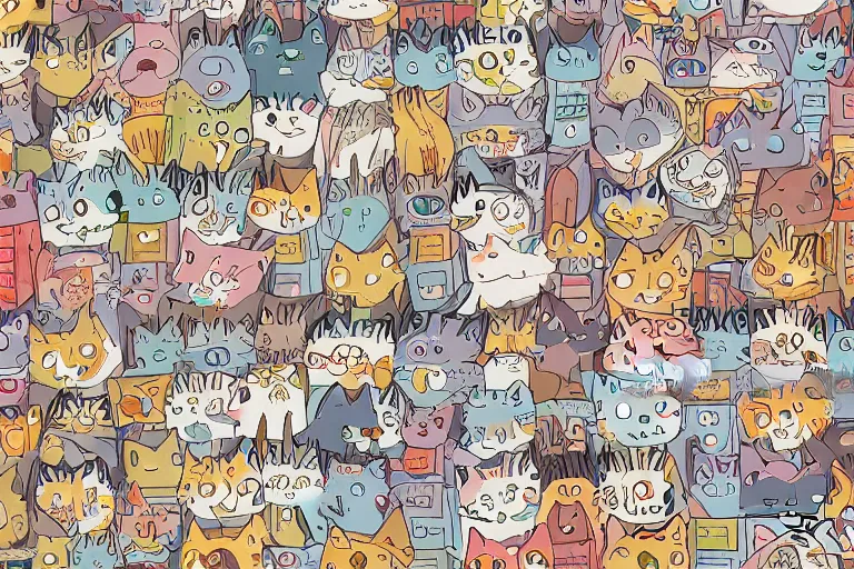 Image similar to beautiful art illustration of a group of happy cats by studio ghibli, highly detailed, seamless pattern, tiling, anime style