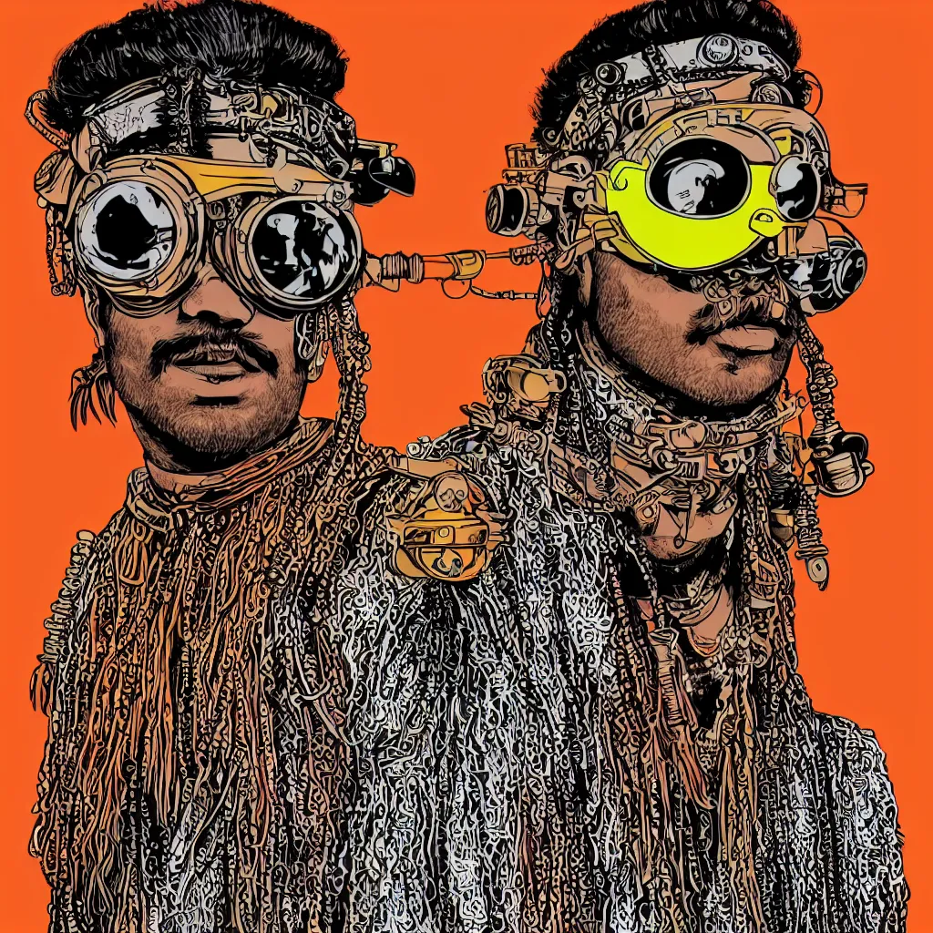 Image similar to face portrait of an indian man with long neon moustache rajasthani headgear wearing madmax style steampunk goggles and steampunk jewelry, art by butcher billy, sticker, colorful, illustration, highly detailed, simple, smooth and clean vector curves, no jagged lines, vector art, smooth