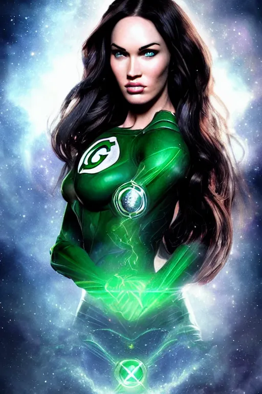 Image similar to majestic and regal portrait of megan fox female green lantern, dc universe, perfect face, beautiful, intricate, epic, elegant, fantasy, highly detailed, digital painting, hard focus, beautiful volumetric lighting, epic light, ultra detailed, by leesha hannigan, ross tran, thierry doizon, kai carpenter, ignacio fernandez rios