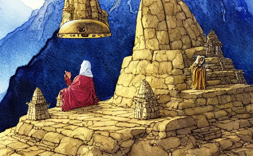 Image similar to a realistic and atmospheric watercolour fantasy concept art of a golden ufo landing on top of a machu pichu. female medieval monk in grey robes kneeling with her hands by her sides. by rebecca guay, michael kaluta, charles vess and jean moebius giraud