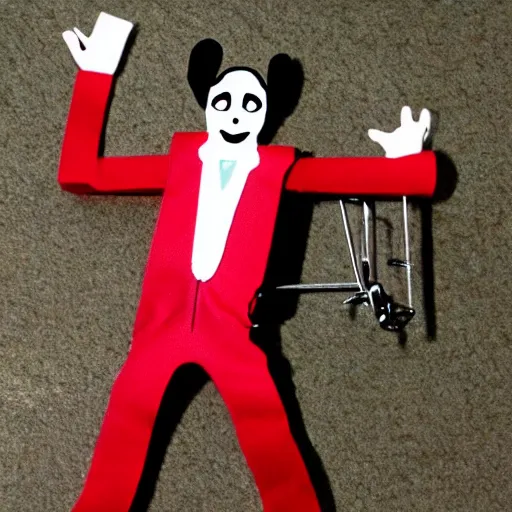 Prompt: mr bean dressed as the jigsaw puppet from saw riding around on a little tricicle