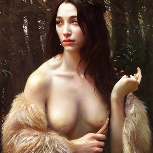 Image similar to of a beautiful brunette women intricate skin, fur, silicone cover, elegant, peaceful, full body, hyper realistic, extremely detailed, dnd character art portrait, fantasy art, intricate fantasy painting, dramatic lighting, vivid colors, deviant art, artstation, by edgar maxence and caravaggio and michael whelan and delacroix