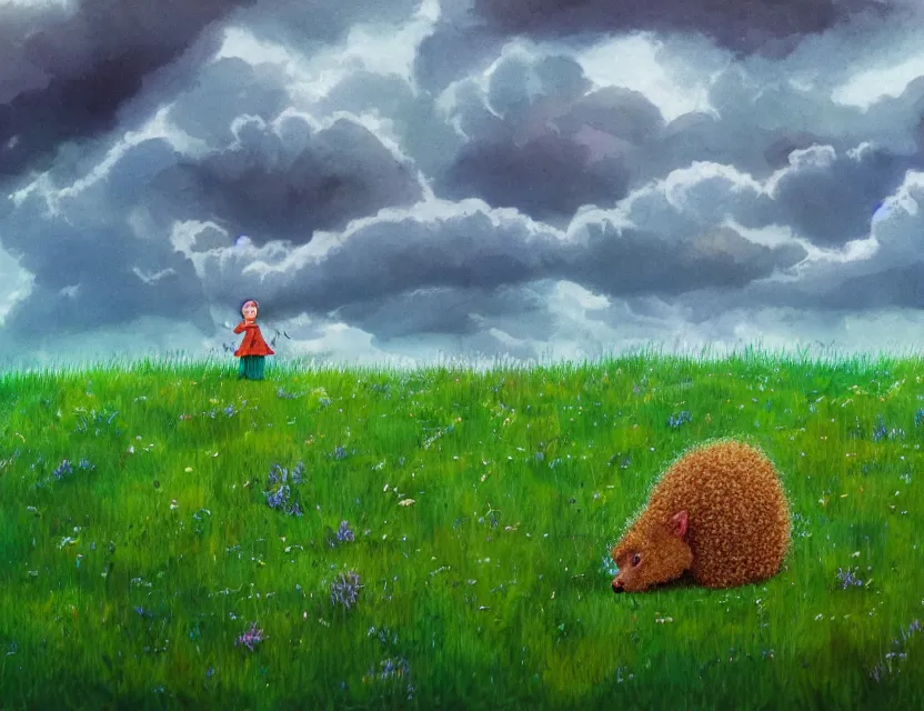 Prompt: feral chia pet in the meadow, stormy skies. russian fairytale art, gouache, dynamic composition, backlighting