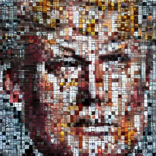 Image similar to portrait mosaic of trump with robot eyes, 4k, intricate details, digital, between heaven and hell