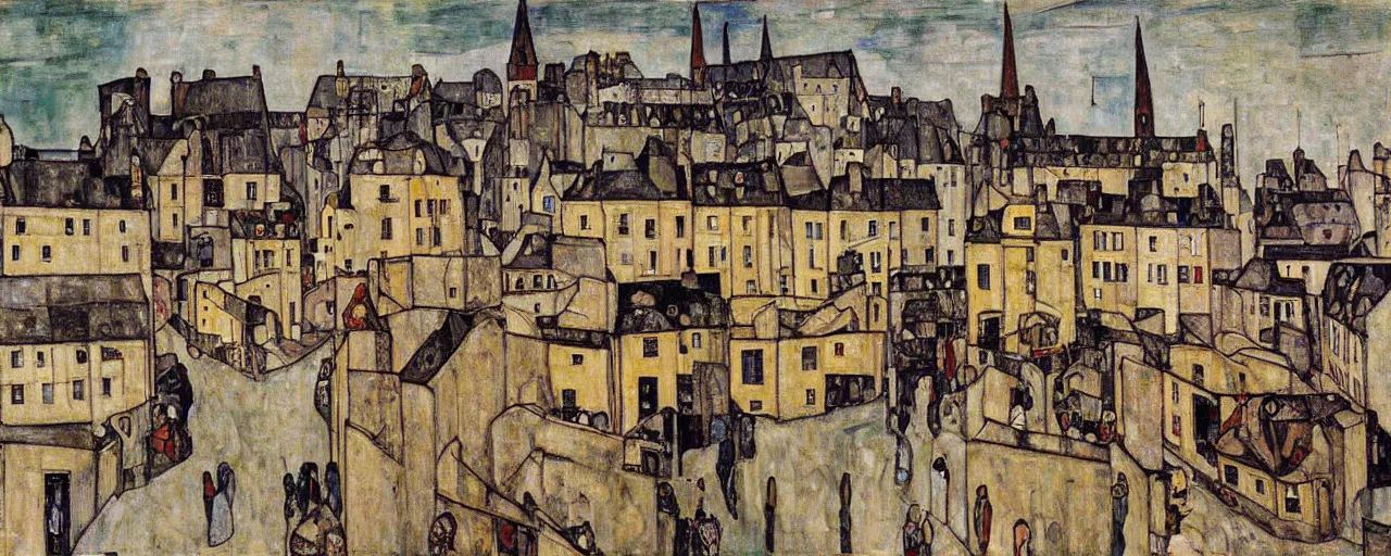 Prompt: a painting of street life in kirkwall orkney, by egon schiele