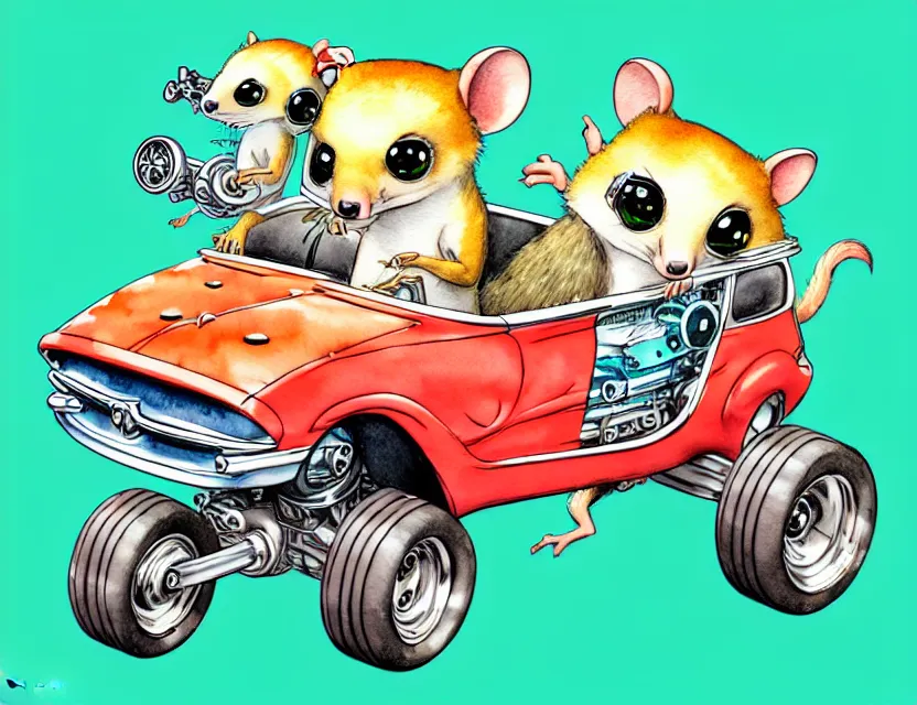 Image similar to cute and funny, quoll riding in a tiny hot rod with oversized engine, ratfink style by ed roth, centered award winning watercolor pen illustration, isometric illustration by chihiro iwasaki, edited by range murata, tiny details by artgerm and watercolor girl, symmetrically isometrically centered