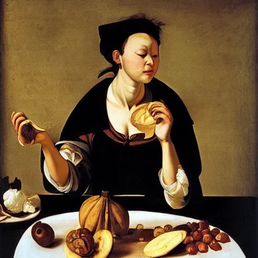 Image similar to woman eating a banana in style of caravaggio