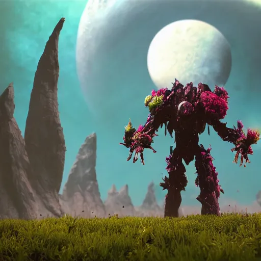 Image similar to corrupted sentinel enjoying picking up flower on infested planet, fantasy art, 4 k, photorealistic, volumetric cinematic, no man's sky