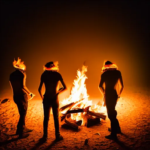 Image similar to photograph of three ravers photographed from behind, talking around a fire, photorealistic, dancefloor kismet, diverse costumes, clean composition, desert transition area, bonfire, night, australian desert, xf iq 4, symmetry, sony a 7 r, 1 5 0 mp, 5 0 mm