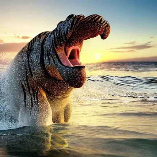 Image similar to a closeup photorealistic photograph of a cute smiling knitted tiger hippopotamus chasing beachballs during sunset. teeth exposed, surf in the background. professional capture. this 4 k hd image is trending on artstation, featured on behance, well - rendered, extra crisp, features intricate detail, epic composition and the style of unreal engine.