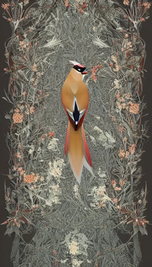 Image similar to ethereal bohemian waxwing bird, bombycilla garrulus + intricate details, ornate, detailed illustration, octane render + johanna rupprecht style, william morris style + trending on artstation.