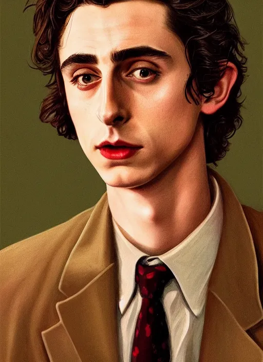 Image similar to twin peaks movie poster art, portrait of timothee chalamet, from scene from twin peaks, clean, simple illustration, nostalgic, domestic, highly detailed, digital painting, artstation, concept art, smooth, sharp focus, illustration, artgerm, donato giancola, joseph christian leyendecker, wlop