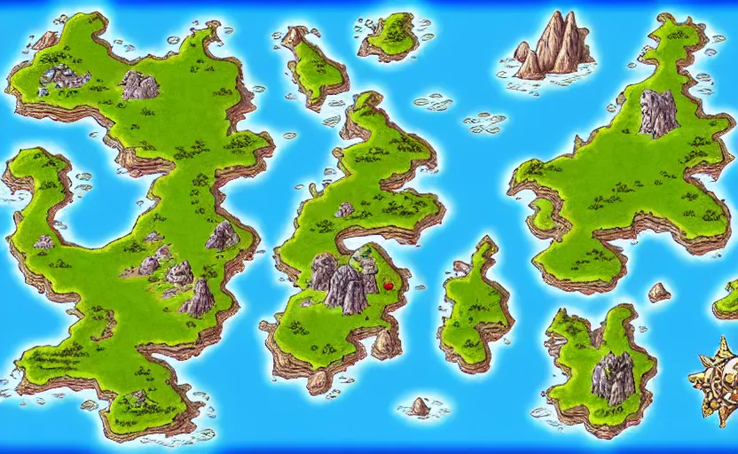 Image similar to fantasy map, large, detailed, islands, monsters