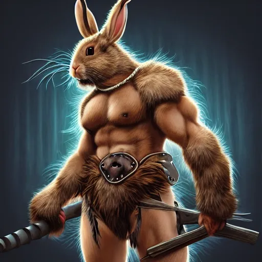 Image similar to portrait of a very cute fursona rabbit barbarian, muscular, wild, d & d, fantasy, intricate, cinematic lighting, highly detailed, digital painting, artstation, concept art, smooth, sharp focus, illustration, art by hajime sorayama