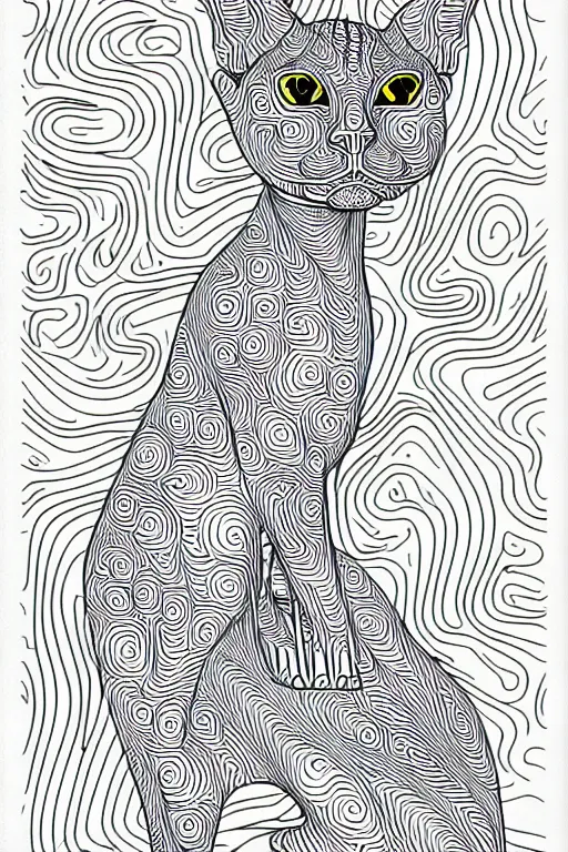 Image similar to sphynx cat statue ornaments fractal ink drawing line art colouring page, vector, margins, fine lines, centered