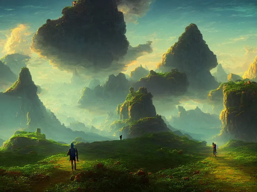 Prompt: synthwave landscape of a lone traveler walking towards a distant castle, synthwave grid, virtual, wireframe, by Paul Lehr and Thomas Cole, wide angle, highly detailed, cinematic, Blue and Green color scheme