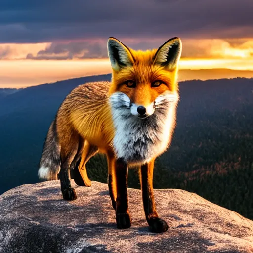 Image similar to a fox standing at the edge of a rock cliff made of granite, golden hour, dslr photo