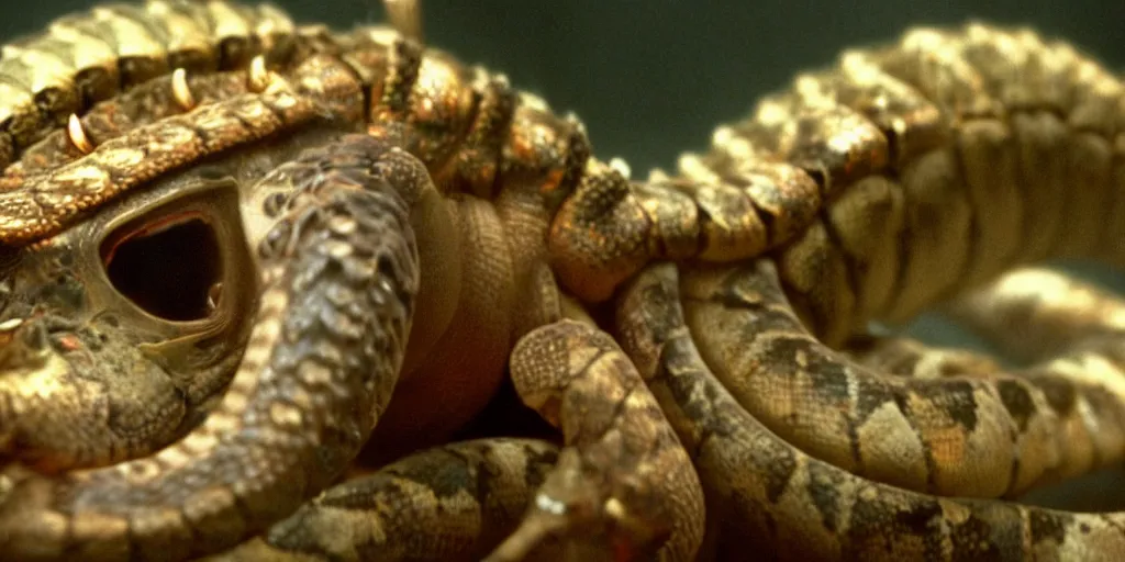 Prompt: filmic closeup dutch angle movie still 4k UHD interior 35mm film color photograph of a grotesque snarling chimera of a grasshopper, python, mollusk, isopod creature from The Thing with dark red tendrils attacking scientists in a top secret science lab in 1982