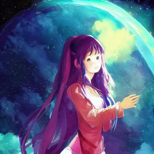 Prompt: over the cloud there is a cosmic girl A young female looks like kasumi arimura with wolor explosion background trending on artstation and twitter by Krenz Cushart, trending on pixiv, Colorful astronaut, flowing robe, floating , colorful nebula, derelict space ship, science fiction spaceman, space, futuristic spacesuit, cover art, cinematic, highly detailed, strong line work, Alphonse Mucha, John Harris, 4k render, 4k post, hyper detailed