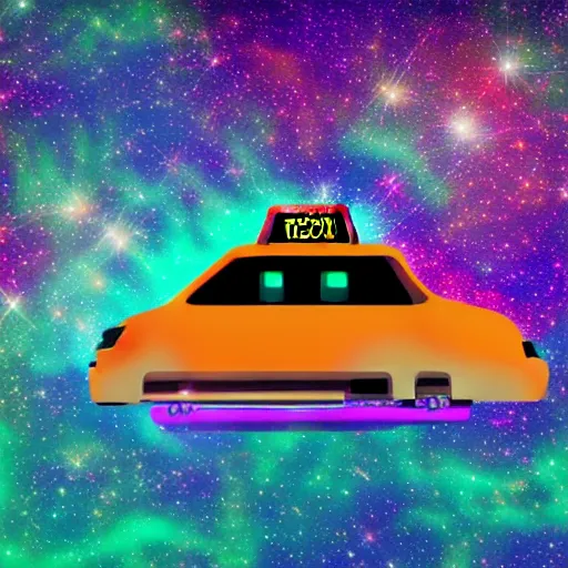 Image similar to Robot Taxi Driving through space, intergalactic background, vaporwave style