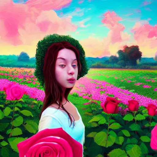 Image similar to large rose as a face, girl frontal in a flower field, surreal photography, sunrise dramatic light, impressionist painting, colorful clouds, digital painting, artstation, simon stalenhag