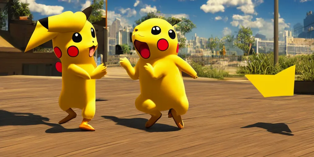 Image similar to dancing pikachu, unreal 5, hyperrealistic, realistic, photorealistic, dynamic lighting, highly detailed, cinematic landscape, studio landscape, studio lighting