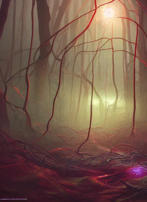 Image similar to rgb wires, forest, cinematic, movie scene, inspired by zdzislaw beksinski, veins,, cables everywhere, bedroom, ultra realistic, concept art, intricate details, highly detailed, photorealistic, octane render, 8 k